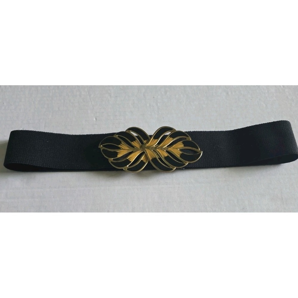 Vintage 1980s Black Elastic Stretch Belt Gold Enamel Leaf Buckle Korea Small 27